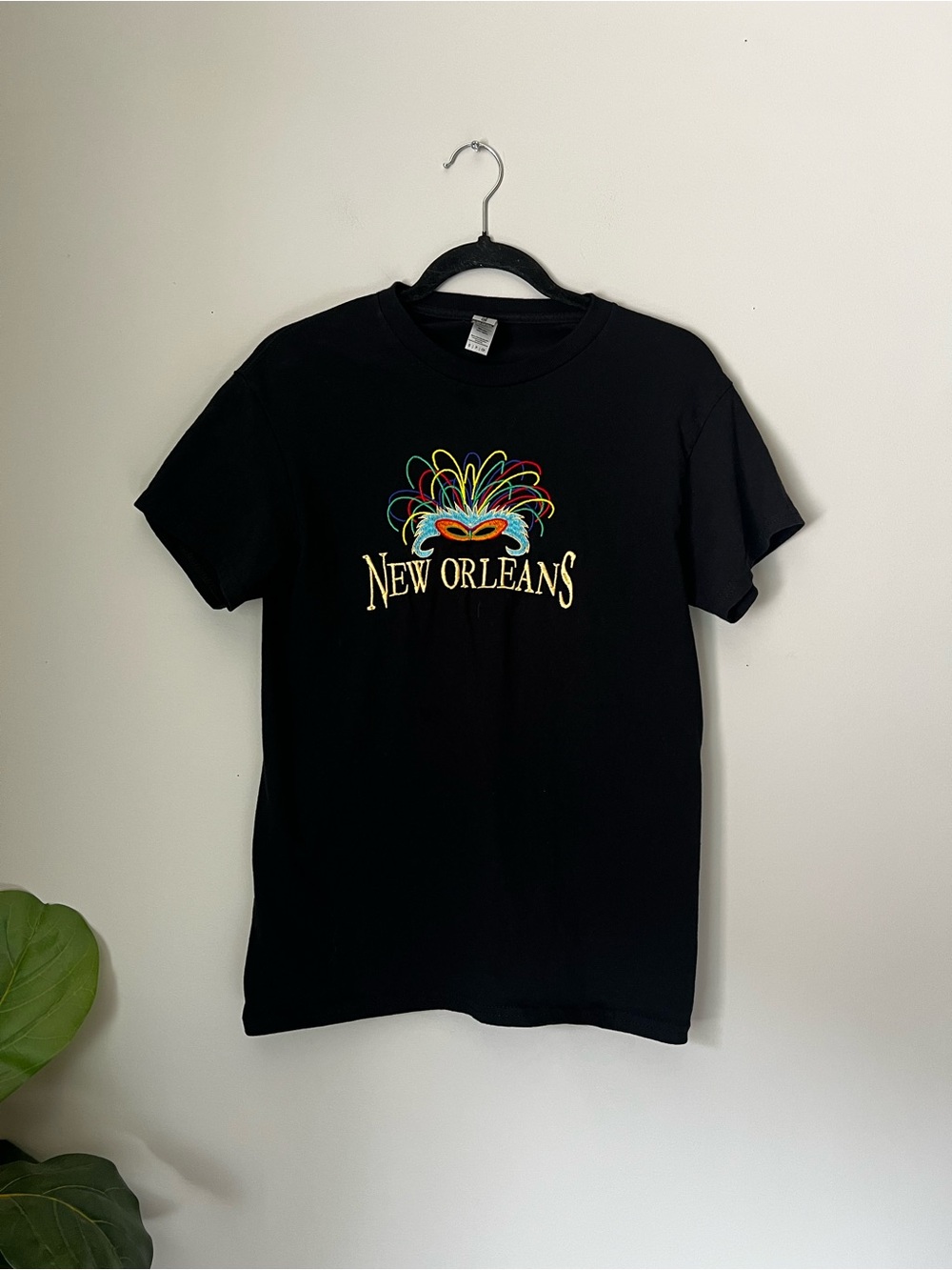 New Orleans Mardi Gras Mask Graphic Tee - Black with colorful embroidery